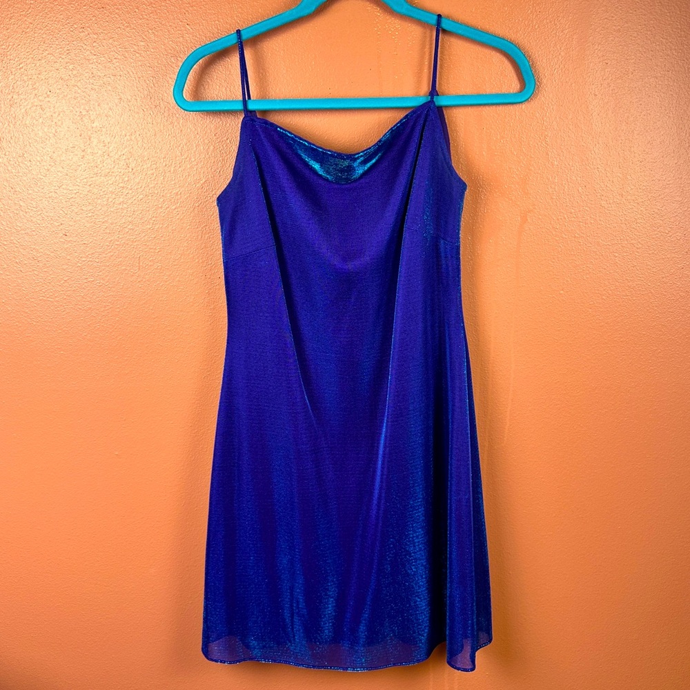 Vintage Y2K Morgan & Co. by Linda Bernell shimmering blue mini dress back dips